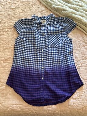 Blue & Purple Ombre Gingham Girls' Short Sleeve Button-Up Shirt